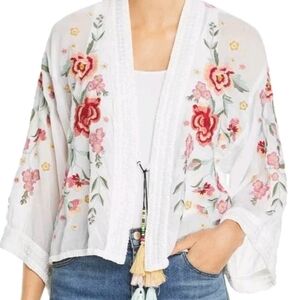 Johnny Was Aurora Floral Embroider Kimono Jacket Duster Tassel Ivory Boho
